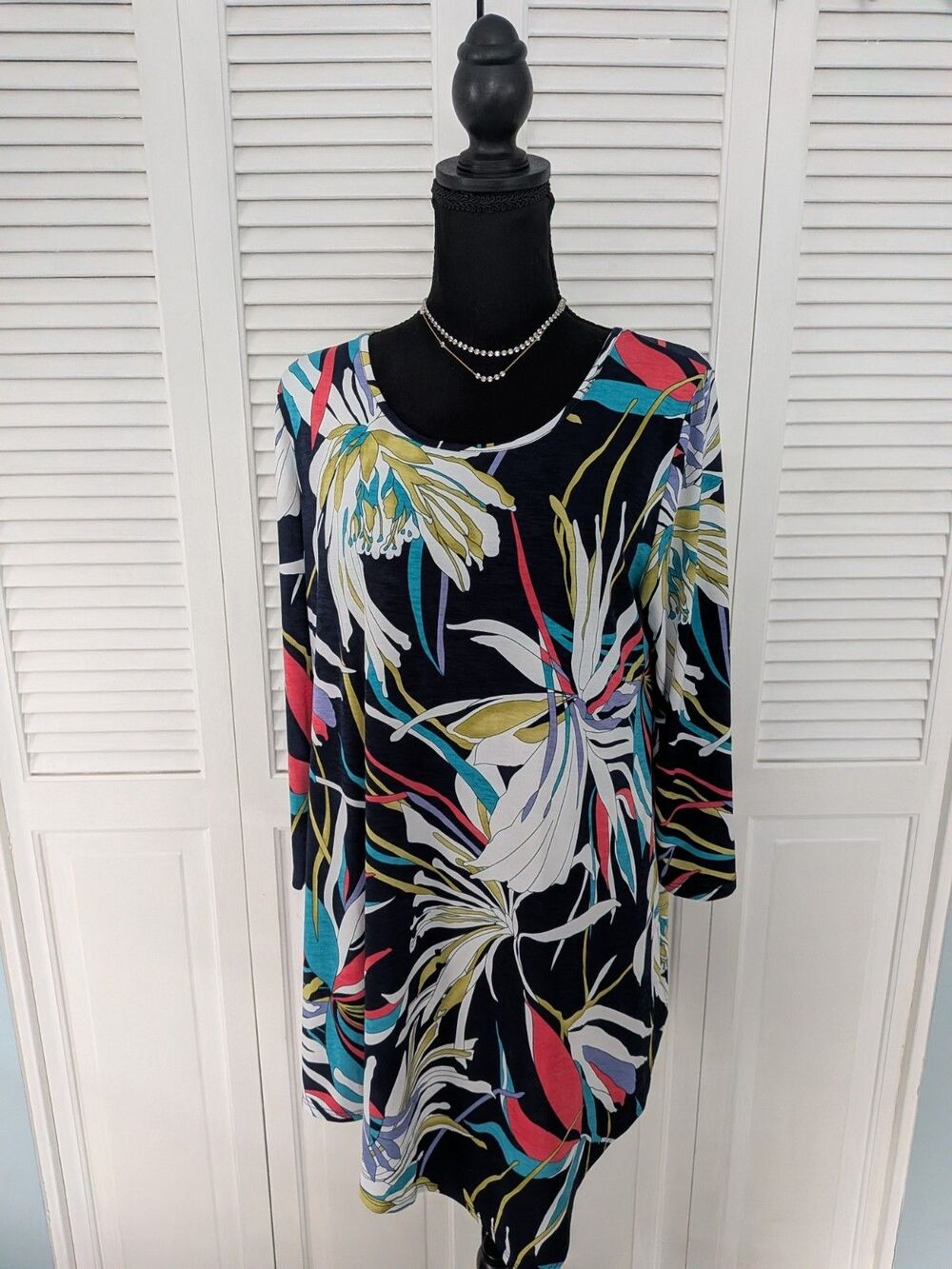 Clara Sun Woo Top Womens M Relaxed Tunic Multi Floral Art Blue Assymetric Blouse